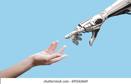 Männliche menschliche Hand und Roboter sind ein Symbol der Verbindung zwischen Menschen und künstliche Intelligenz-Technologie einzeln auf Blau für Design.