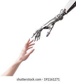 female human and robot's hands as a symbol of connection between people and artificial intelligence technology isolated on white for design - Shutterstock ID 191161271