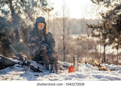 Female Hunter Preparing Food Portable Gas Stock Photo 1042272028 ...