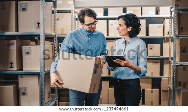 Female\
Inventory Manager Shows Digital Tablet Information to a Worker\
Holding Cardboard Box, They Talk and Do Work. In the Background\
Stock of Parcels with Products Ready for\
Shipment.