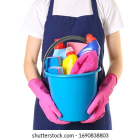 Female Janitor Cleaning Supplies Bucket On Stock Photo 1690838803 ...