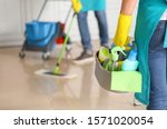 Female janitor with cleaning supplies in kitchen