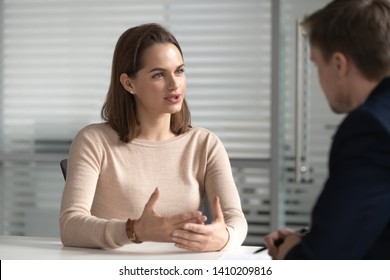 Female job applicant bank manager talk to hr consult client at interview meeting, confident seeker broker speak to customer make business offer, recruit, human resource, hiring negotiation concept - Shutterstock ID 1410209816