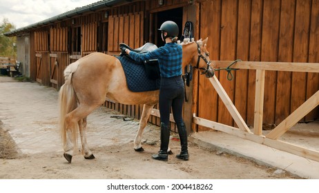 Female jockey saddling up her light brown horse outside the stable. Placing a leather saddle on the back of her horse. The girl wearing a helmet and gloves. Preparing her horse for the competition.