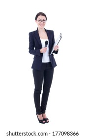 female journalist with microphone and clipboard isolated on white background
