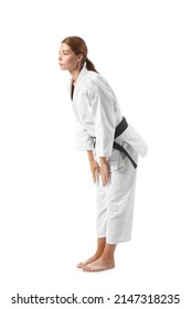 Female Karate Instructor Performing Ritual Bow On White Background