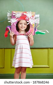 Female Kid With DIY Costume For Carnival In Kindergarten