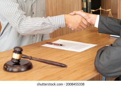 Female Lawyer Handshake With Client. Business Partnership Meeting Successful Concept