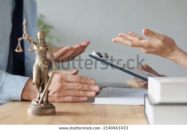 a female lawyer at a meeting with a male client in the\
office of the law office, legal advice online. resolution of\
disputes of the family code during divorce and division of\
property. work as a