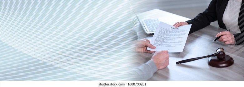 Female Lawyer Showing A Document To Her Client. Legal, Advice And Justice Concept; Panoramic Banner