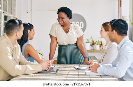 Female Leader Talking In Team Meeting, Collaboration And Planning For A Business Or Company Project. A Group Of Social Media Content Writers Discussing, Thinking And Coming Up With New Ideas