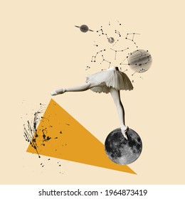 Female legs dancing on moon on geometrical background. Modern design, contemporary art collage. Inspiration, idea, trendy urban magazine style. Negative space to insert your text or ad. Surrealism.