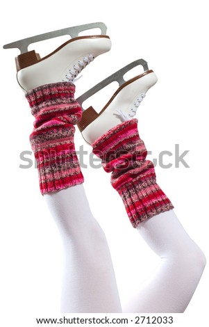 Female legs in gaiters and skates. White background