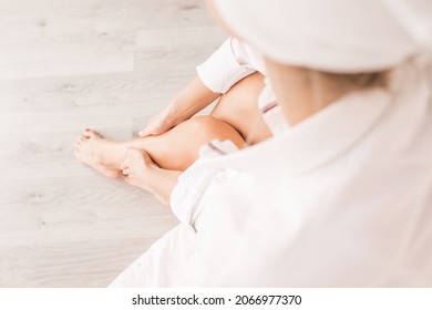 Female Legs And Hands. Concept Of Beauty Home Spa With Massage, Oil, Body Anti-cellulite Brash, Body Sugar Scrub.  Heath Care. Skin Care Cosmetic Product Mockup.