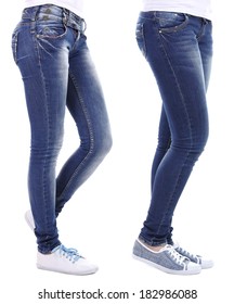 Female legs in jeans isolated on white