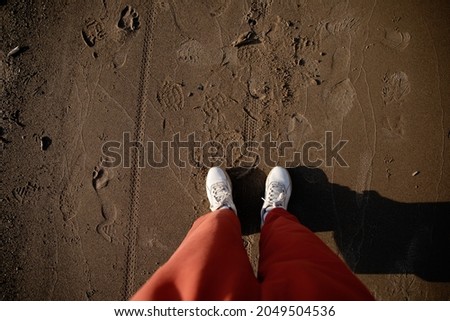 female legs in white sneakers and orange pants on wet sand