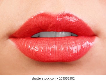 Female Lips Close Up. Red Color