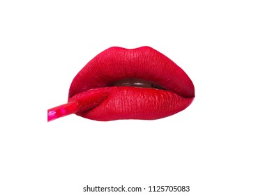 Female lips with red matt lipstick close-up on a white background