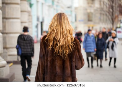 Female Long Wavy Blonde Hair, Rear View, Autumn Street Outdoors