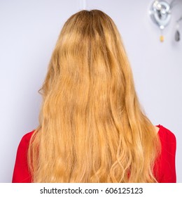 Female Long Wavy Blonde Hair, Rear View, Studio Wall Background