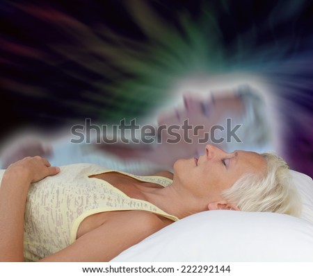 Female lying supine with eyes closed experiencing astral projection on dark background showing astral body rising up