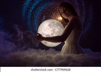 Female magic, femininity, astrology, a female with the moon and space in the background. Princess of the night, female art - Shutterstock ID 1777909628