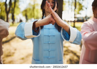 Female making fist bump into palm during tai chi - Powered by Shutterstock