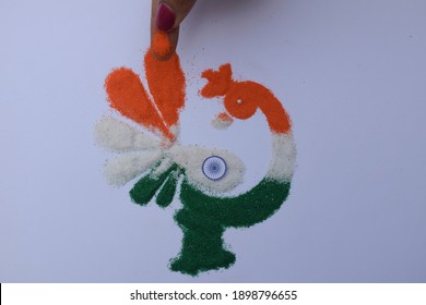 Female Making Rangoli Design Of Tricolored Design Saffron White And Green On Occasion Of Indian Republic Day Eve Celebration