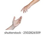 Female and male hands reaching toward each other extending a helping hand isolated on a white background. Handover