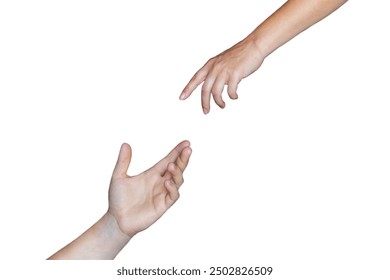 Female and male hands reaching toward each other extending a helping hand isolated on a white background. Handover - Powered by Shutterstock