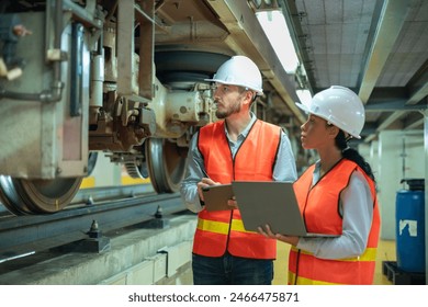 A female and male railway technician in safety gear are discussing the undercarriage of a train during an inspection. - Powered by Shutterstock