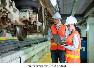 A female and male railway technician in safety gear are discussing the undercarriage of a train during an inspection. - Powered by Shutterstock