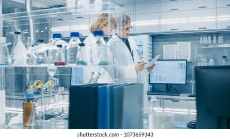 Female and Male Senior Scientists Walking Through Busy Modern Laboratory. They Have  Discussion about Documents.