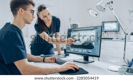 Female and Male Veterinarians Using Computer with Veterinary Clinic Online Medical Database Software with a Pet X-Ray Scans. Two Veterinarians Discussing Work, Talking and Pointing at the Display