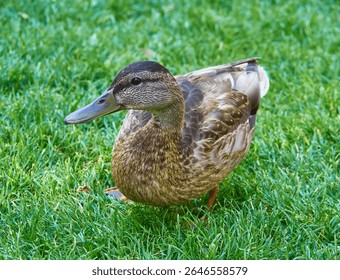A female Mallard duck with detailed mottled brown and tan feathers walks across a vibrant green lawn. Close-up view of the wild bird in a park setting.