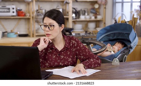 Female Manager Is Looking At The Computer Screen In Contemplation With Hand Under Chin While Her Baby Is Having Bottled Milk In The Pushchair At Home.