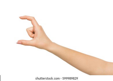 Female manicured hand measuring invisible items, woman's palm making gesture while showing small amount of something on white isolated background, side view, close-up, cutout, copy space
