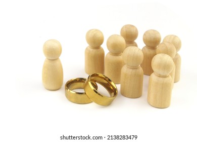 Female And Many Male People Figures With Wedding Rings Isolated On White Background. Polygamy And Choosing Husband Concept.