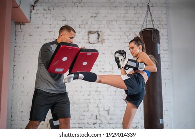 Female martial arts fighter practicing leg kick or high kick with her trainer in a boxing studio at sunny day. - Powered by Shutterstock