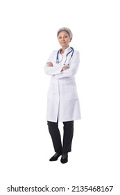 Female Mature Asian Doctor Standing With Arms Crossed Isolated On White Background Full Length Portrait