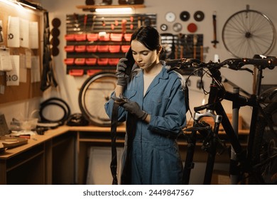 Female mechanic takes order by mobile phone standing in bicycle workshop near bike. Mechanic talking on mobile phone after fixing bike. Copy space - Powered by Shutterstock