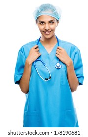 Female medical doctor Indian woman smiling confident stethoscope white background