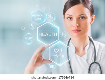 Female Medical Doctor Working With Healthcare Icons. Modern Medical Technologies Concept