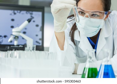 Female Medical Or Research Scientist Or Doctor Using Looking At A Test Tube Of Clear Solution In A Lab Or Laboratory 