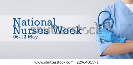 Female medical worker with stethoscope on light background, closeup. National Nurses Week
