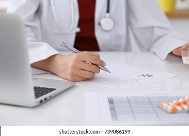 Female Medicine Doctor Fills Up  Prescription Form To Patient Closeup. Panacea And Life Save, Prescribe Treatment, Legal Drug Store, Contraception Concept