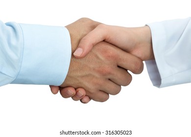 Female Medicine Doctor Shaking Hands With Male Patient. Partnership, Trust And Medical Ethics Concept. Handshake With Satisfied Client. Healthcare And Medical Concept