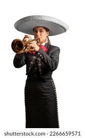 female mexican mariachi trumpetist woman smiling using a traditional mariachi girl suit on a pure white background. good looking latin hispanic trumpet player musician feminine wearing a white hat