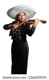 female mexican mariachi woman playing violin traditional mariachi girl suit on a pure white background. good looking latin hispanic musician feminine mariachi violinist with hat