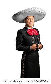 female mexican mariachi woman smiling using a traditional mariachi girl suit on a pure white background. good looking latin hispanic musician feminine mariachi wearing a mexican white hat or sombrero
